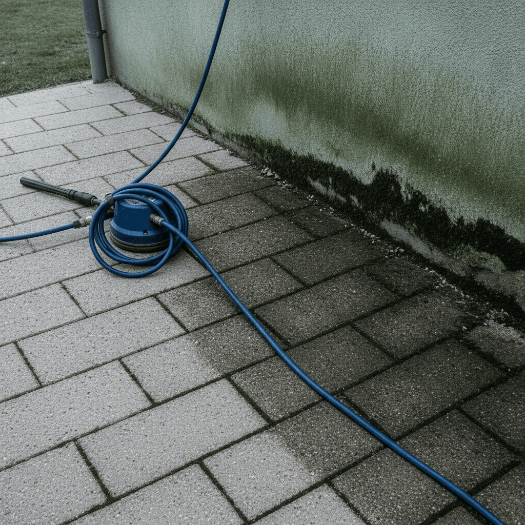 Pflaster vor einer Hauswand mit grünem Algenbelag, darauf ein Flächenreiniger mit Schlauch